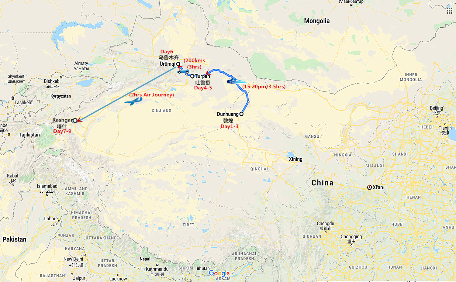 9 Days Silk Road Dunhuang to Kashgar Travel Map