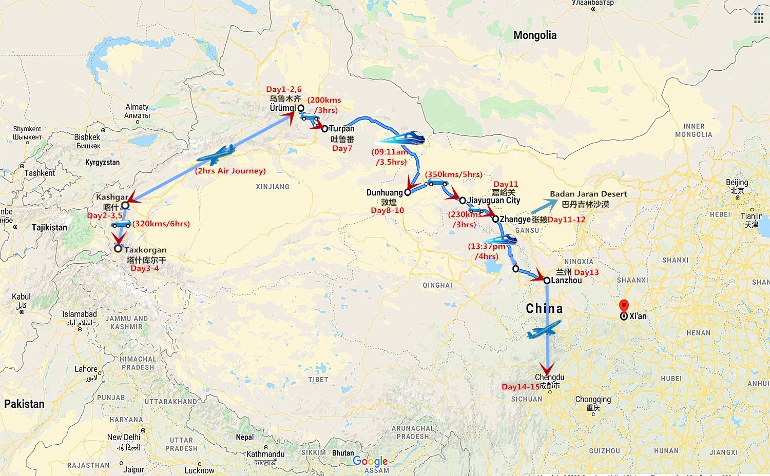 15 Days China Silk Road Tour from Kashgar to Chengdu Travel Map