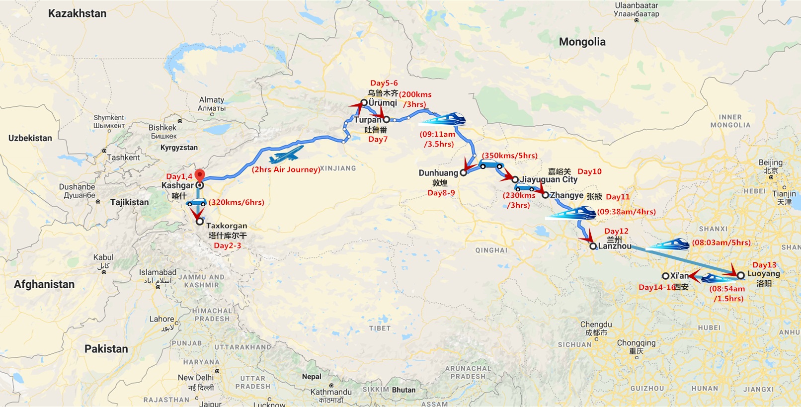 Silk Road Tour in Spring of March and April Travel Map