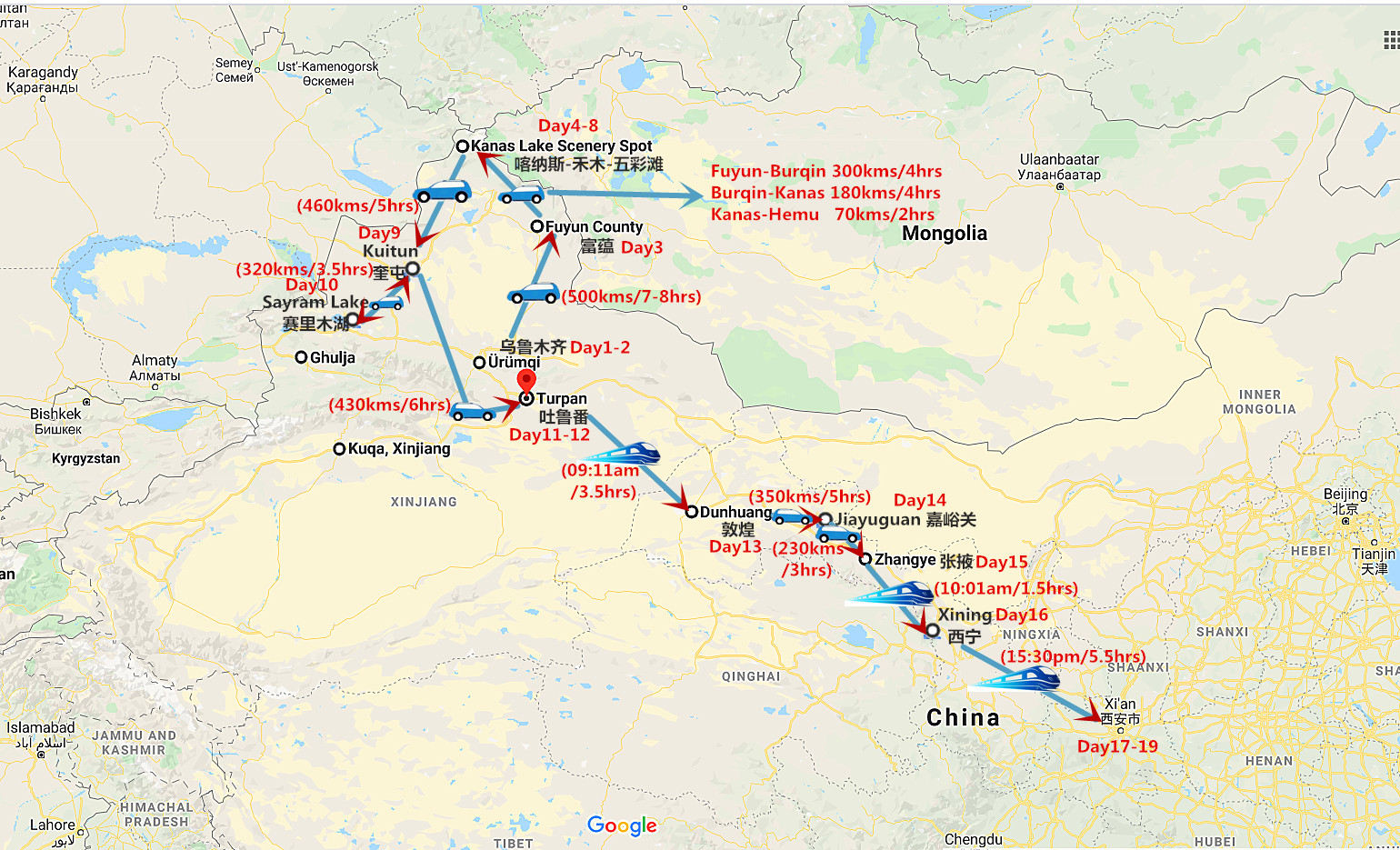 19 Days Northern Xinjiang Gansu and Qinghai Tour Travel Map