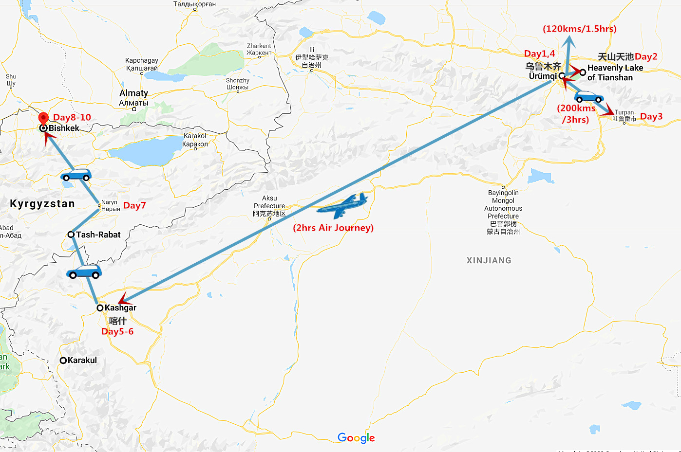 10 Days Silk Road Xinjiang and Bishkek Kyrgyzstan Tour Travel Map