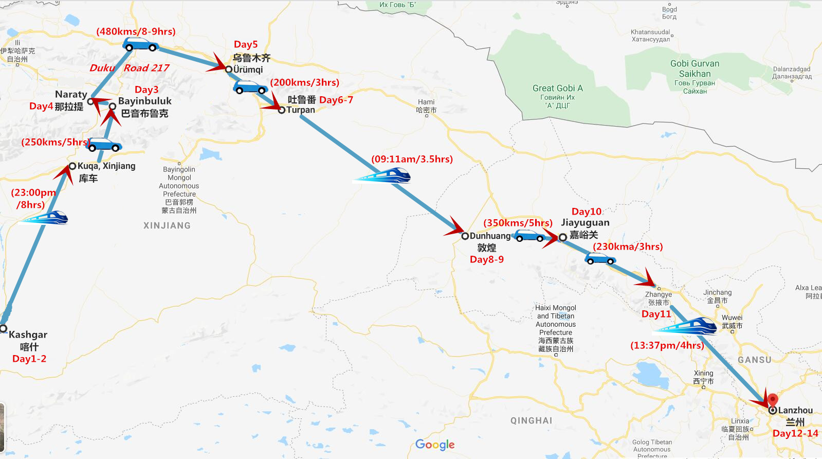 14 Days West China Tours: Kashgar Silk Road Travel Map