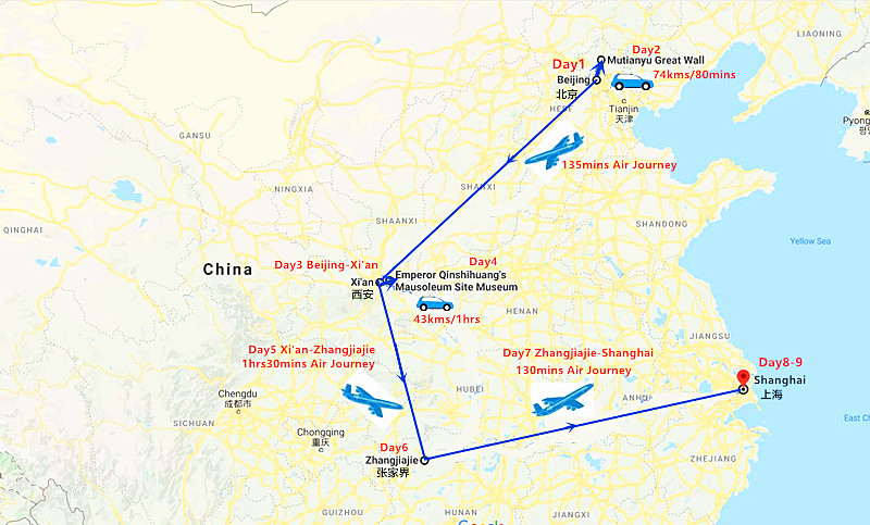 9 Days China Culture with Zhangjiajie Landscape Tour Travel Map