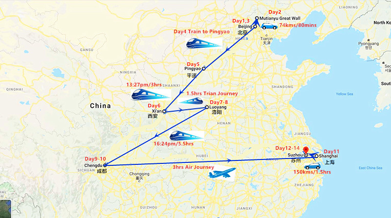 14 Days China Tour: Beijing, Pingyao, Xi'an, Luoyang, Chengdu & Shanghai Travel Map