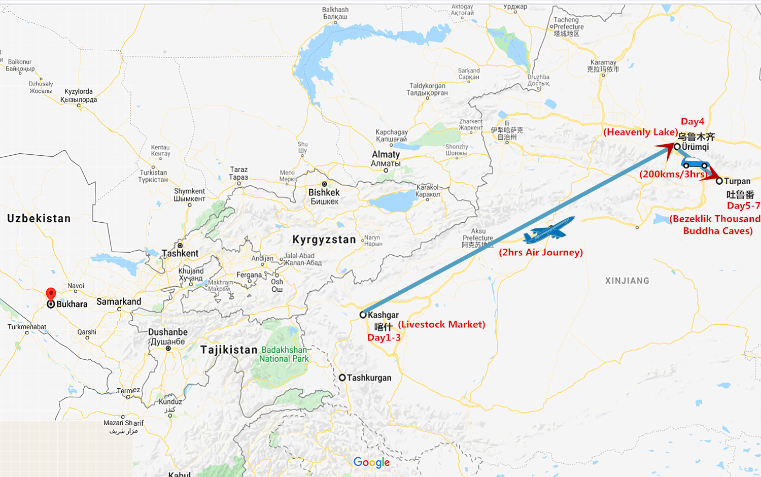 7 Days Budget Xinjiang Tour Travel Map