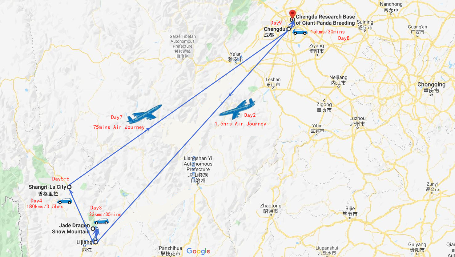 9 Days Chengdu to Lijiang Shangri-La Tour Travel Map