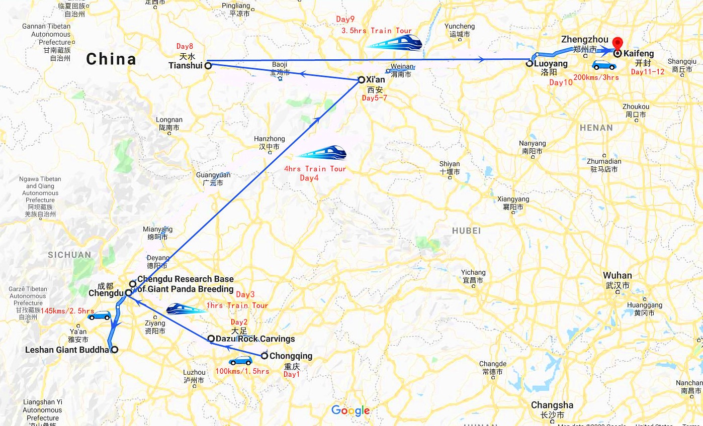 12 Days China Private Tour: Chongqin - Xi'an - Luoyang Travel Map