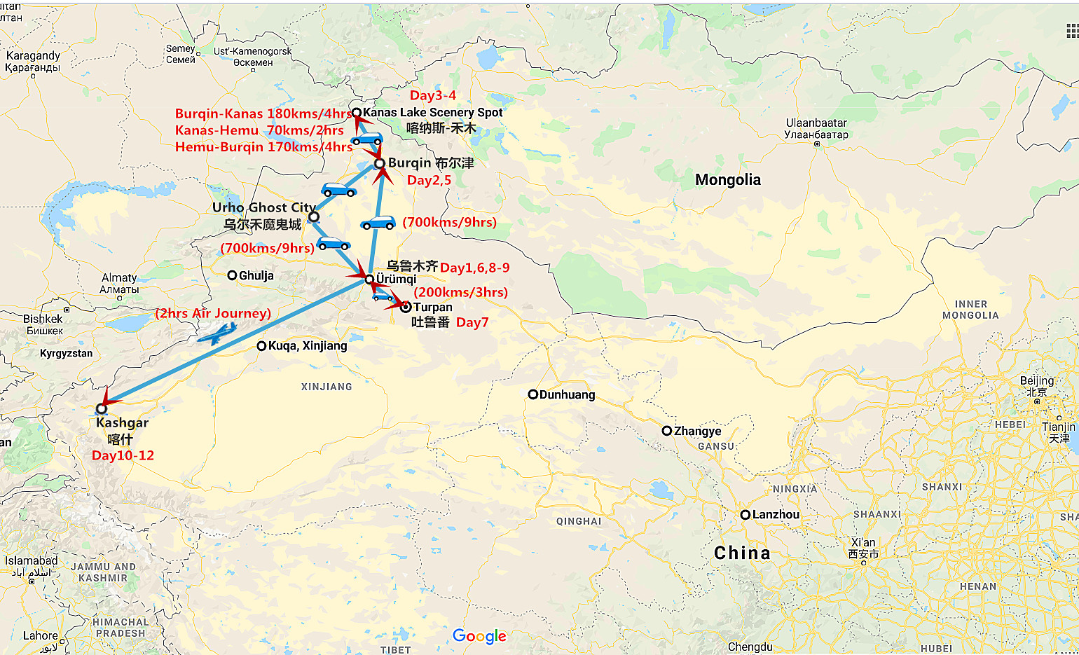 12 Days Xinjiang Private Tour: Kanas Lake and Kashgar Travel Map