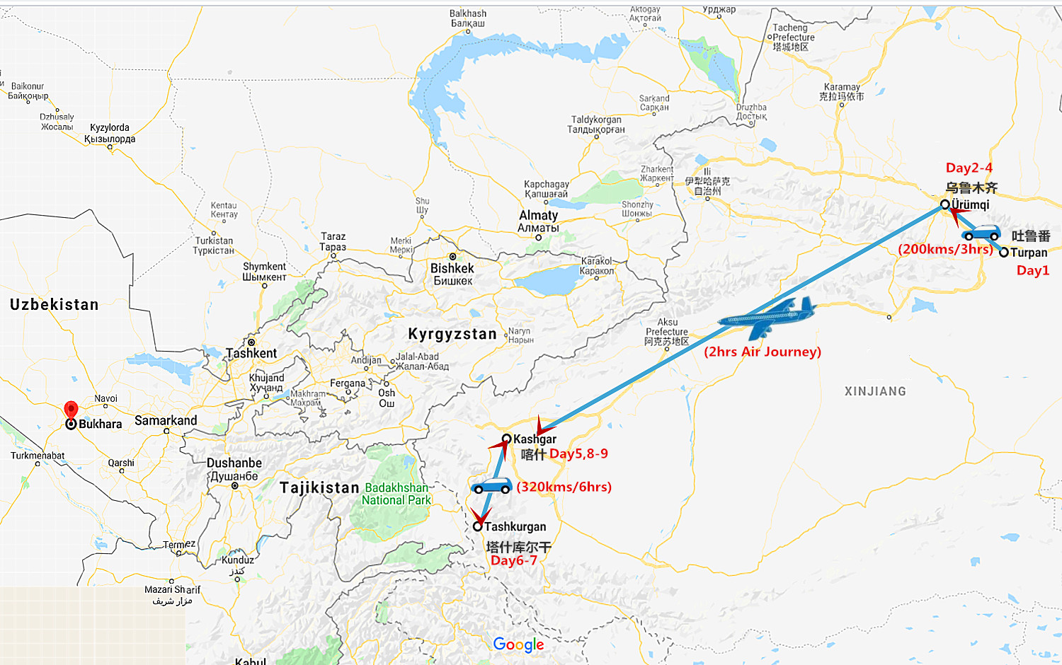 9 Days Xinjiang Silk Road Tour Travel Map