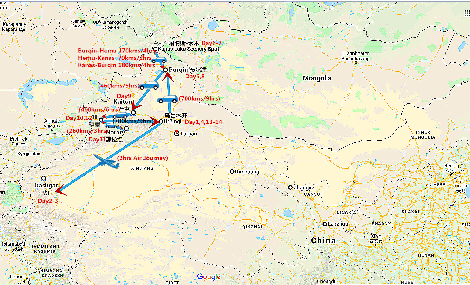 14 Days South and North Xinjiang Tour Travel Map