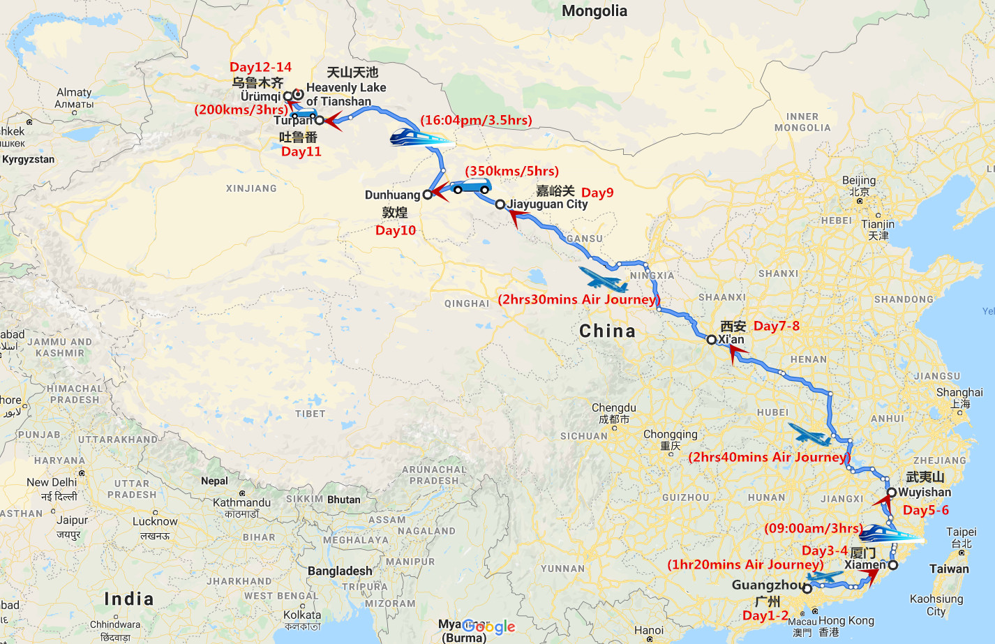14 Days Fascinating Maritime Silk Road to Xi'an Dunhuang and Xinjiang Travel Map
