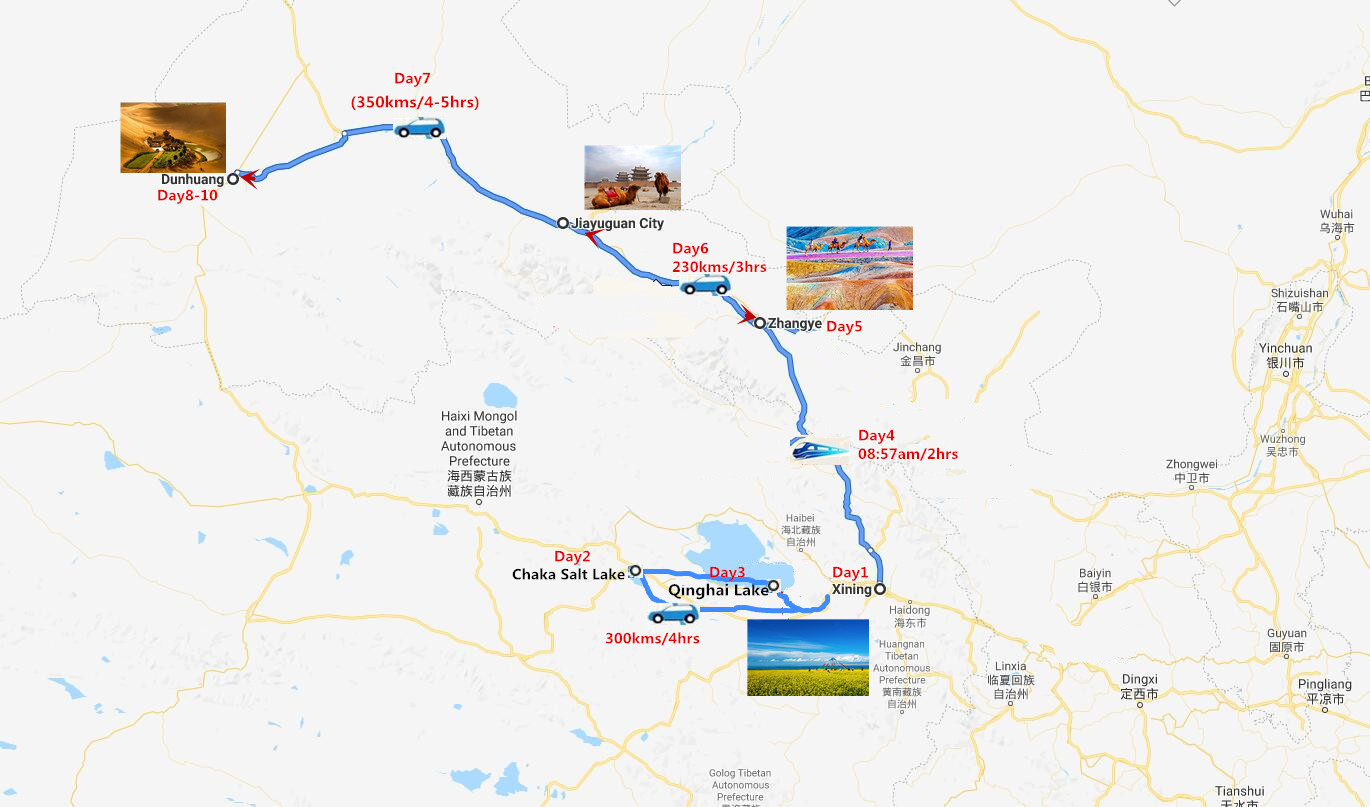 Qinghai Lake Zhangye and Dunhuang Tour Travel Map