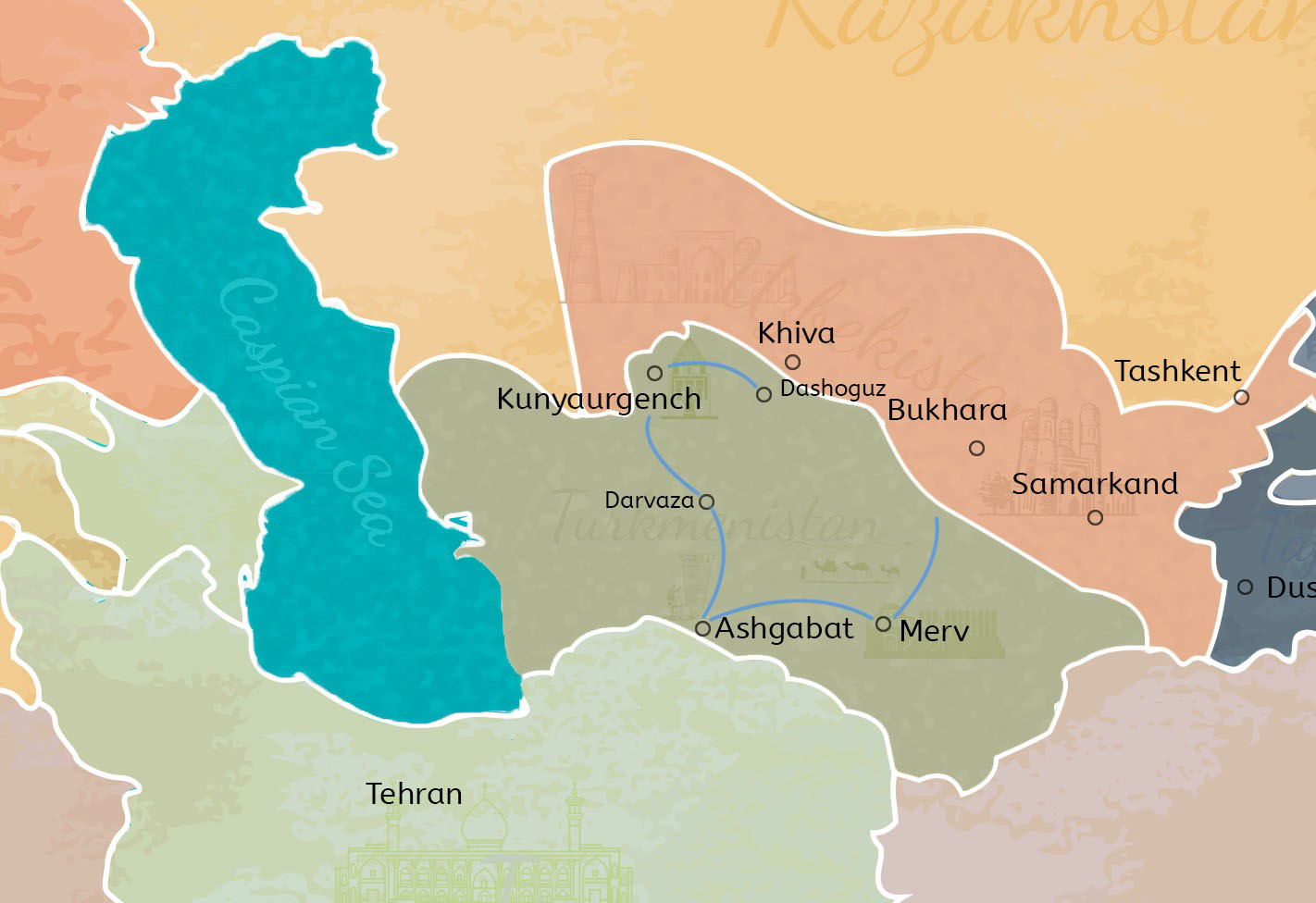 4 Days Turkmenistan Tour with Border Transfer Travel Map