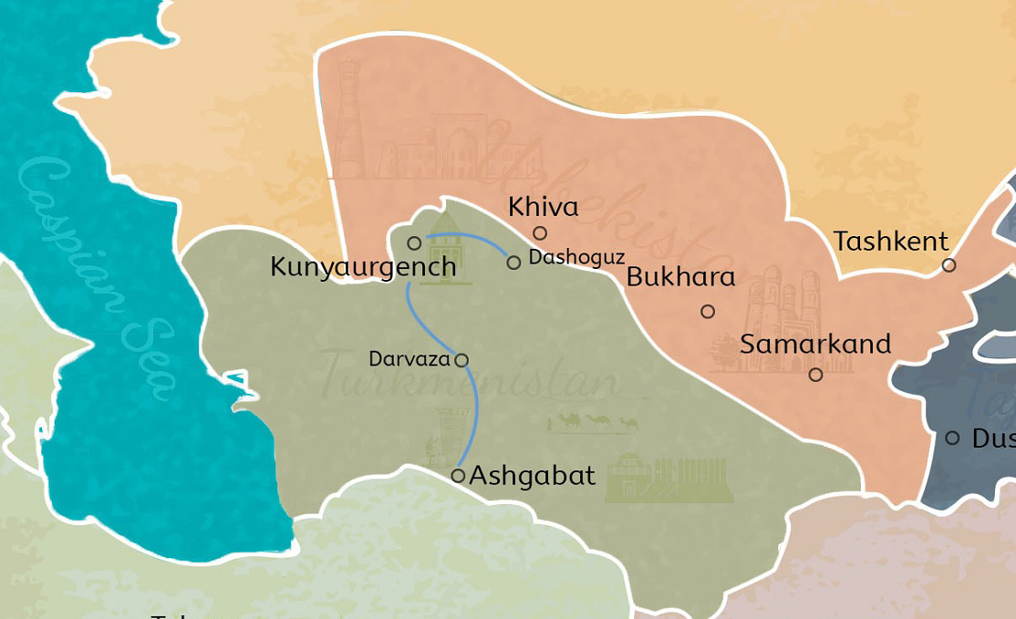 3 Days Turkmenistan Tour from Shavat Border to Ashgabat Travel Map