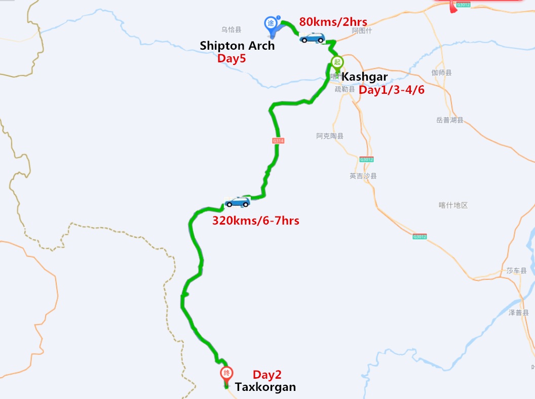 6 Days Kashgar In-depth Tour Travel Map