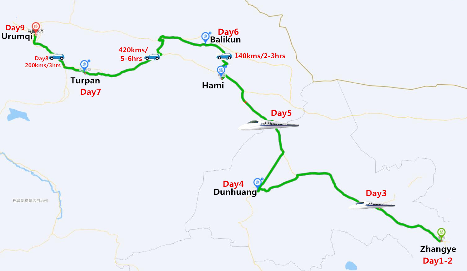 Travel to Gansu & Xinjiang by bullet train Travel Map