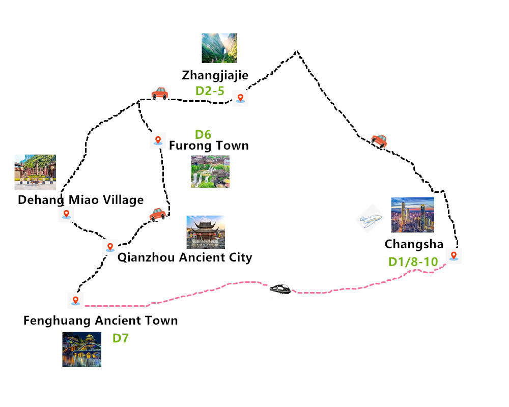 10 Days Best Zhangjiajie, Fenghuang, Changsha Tour Travel Map