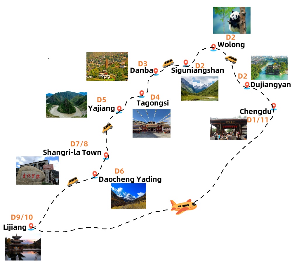 11 Days Sichuan and Yunnan Tour Travel Map