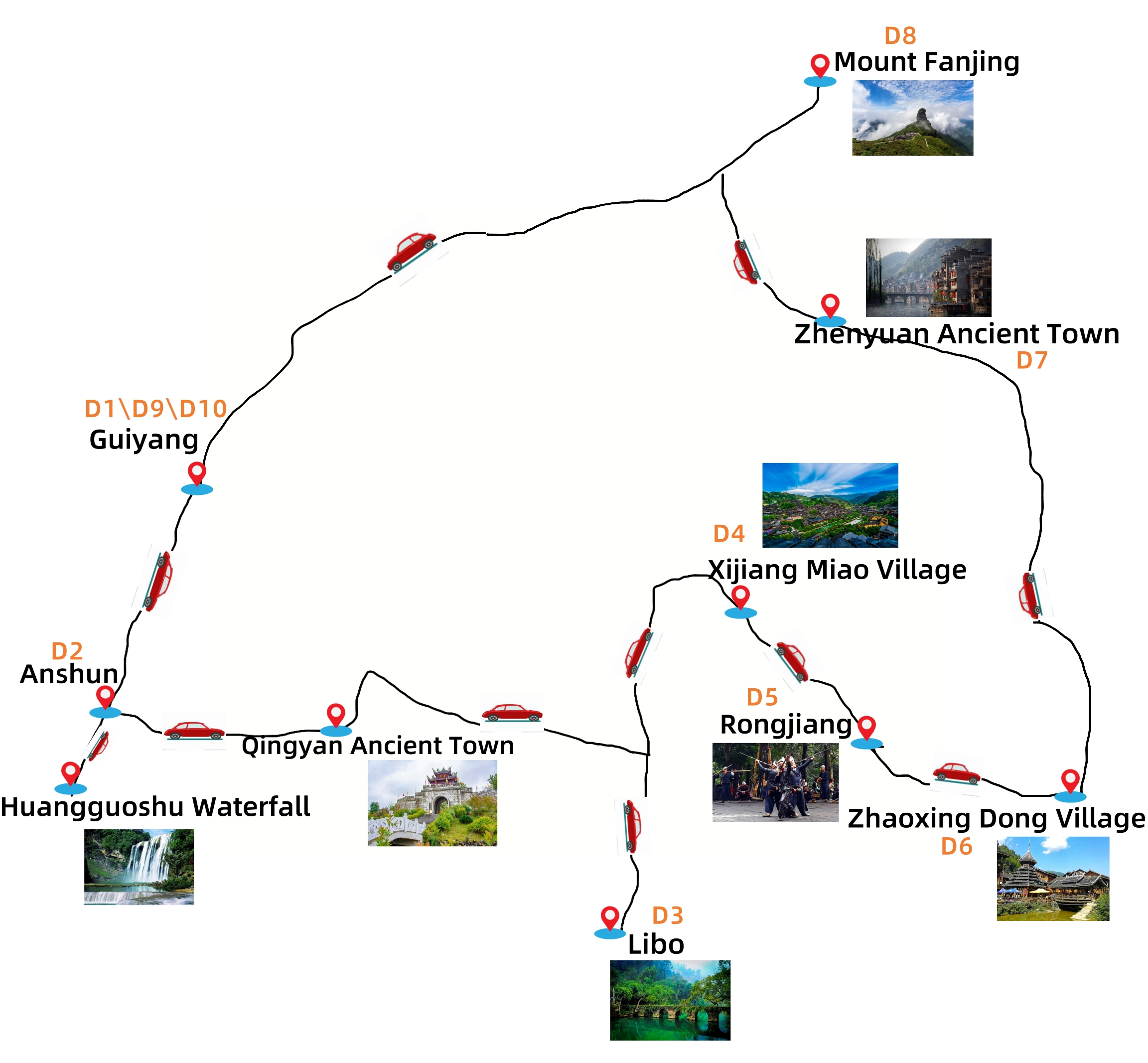 10 Days Exotic Guizhou Tour, Minority Culture & Landscape Travel Map